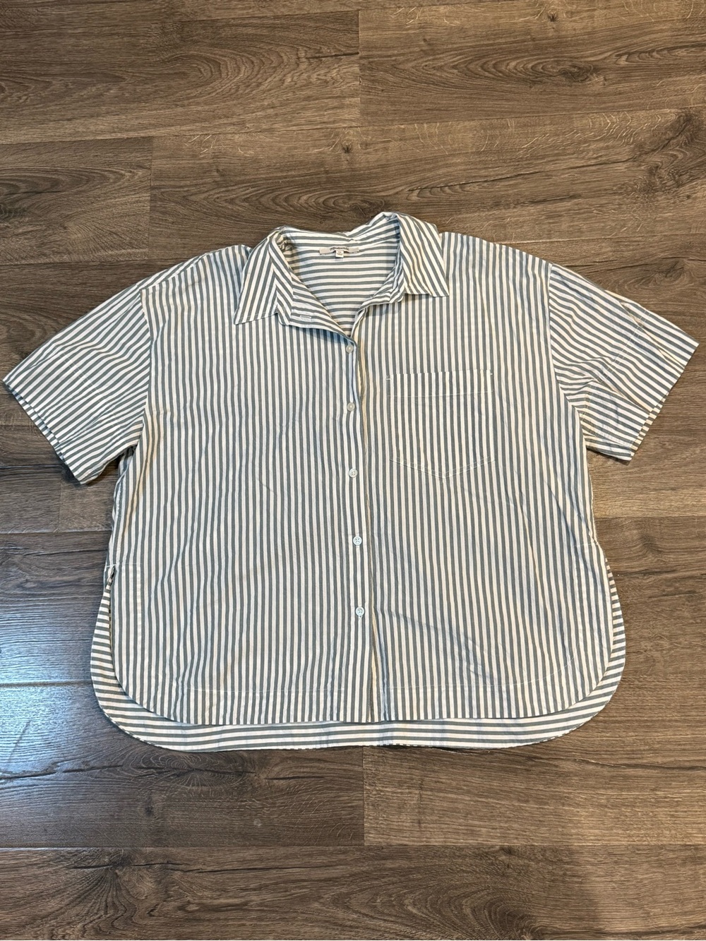 Womens Madewell White and Blue/Grey Striped Button-Down Shirt Side Slits Size XL